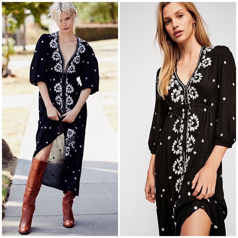 Free People Floral Embroidered Black Midi Dress